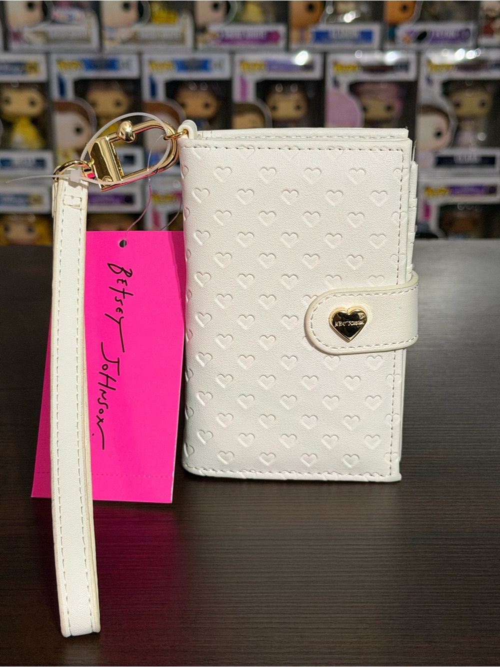 Betsey Johnson White Heart-Embossed Wristlet Wallet with Gold Heart Snap